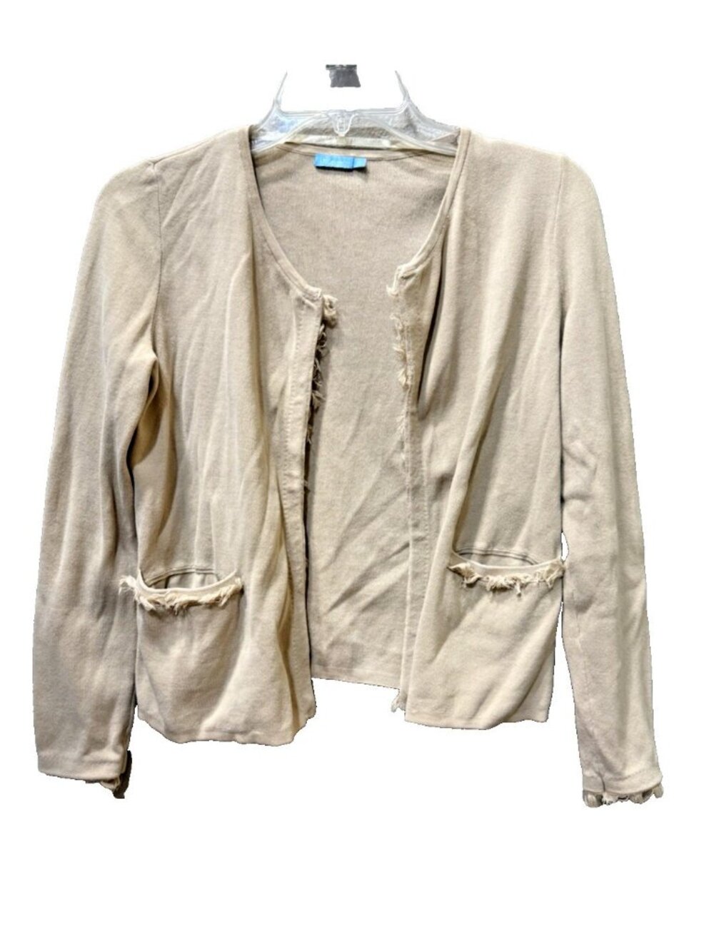 J. McLaughlin Women's Ivory Cotton Open Front Cardigan Frayed Edge Accent Sz XS